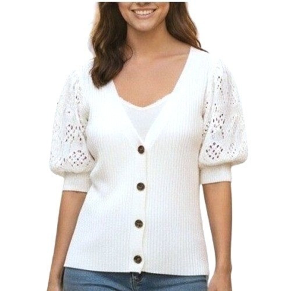 Time And Tru Cardigan Women XL White Puff Sleeve Cropped Short Sleeve Button Top